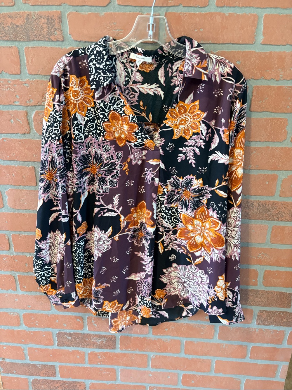 Maurice’s Floral Blouse, V-neck, long sleeve with collar, size XL